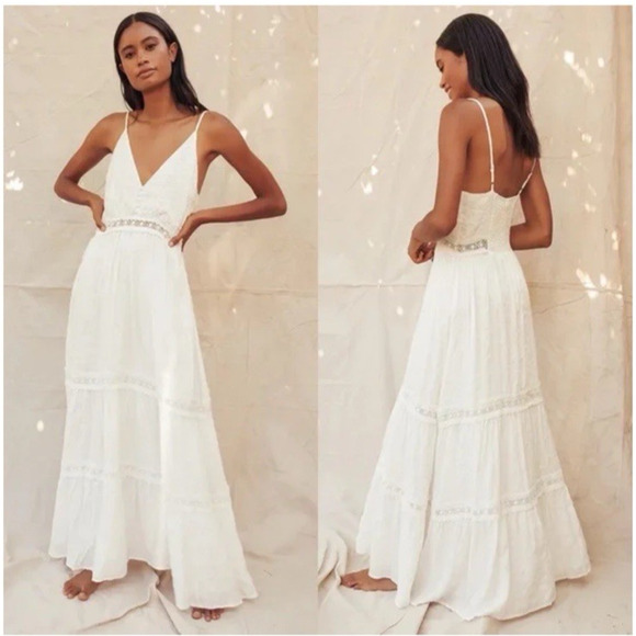 NEW Lulus Light Breeze White Striped Crochet Lace Tiered Maxi Dress Size Small - Picture 1 of 14